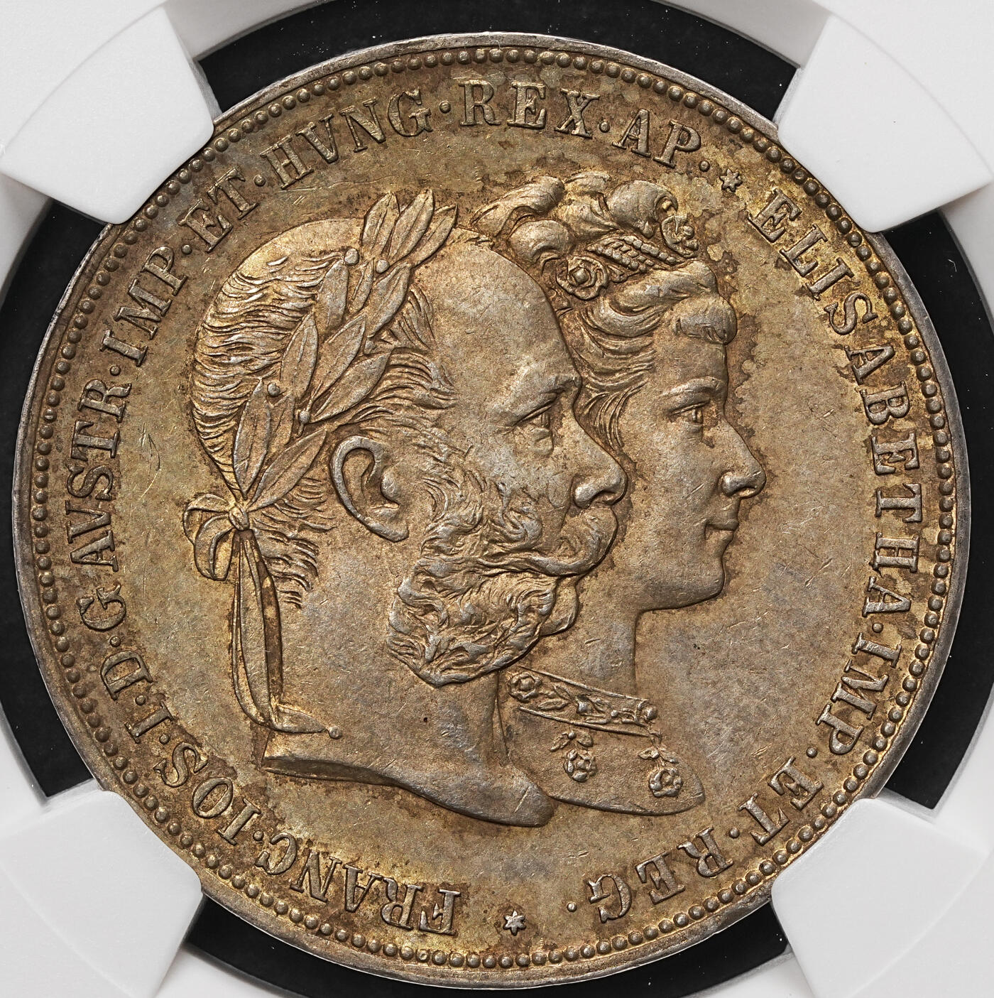 修遠堂世界钱币第106期，请看参拍说明 NGC MS62 1879年奥匈帝国皇帝弗朗茨・约瑟夫一世与皇后伊丽莎白（茜茜公主）结婚25周年2福林银币，黄油彩