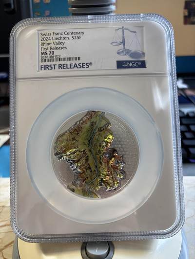 第192期拍卖 - 列支敦士登2024年莱茵河谷100年瑞士法郎5盎司银币NGC-MS70首，9999银，发行500枚