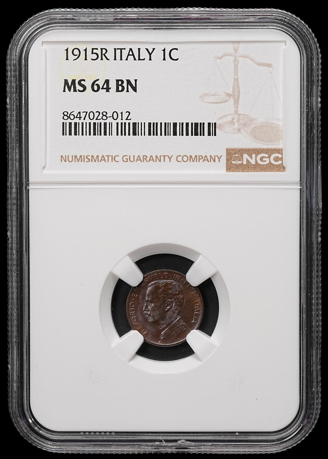 修遠堂世界钱币第106期，请看参拍说明 NGC MS64BN 1915年意大利1分铜币