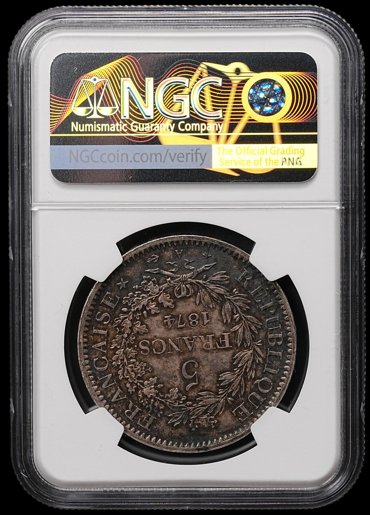 修遠堂世界钱币第106期，请看参拍说明 NGC MS62 1874年法国大力神5法郎大银币，A厂铭，五彩