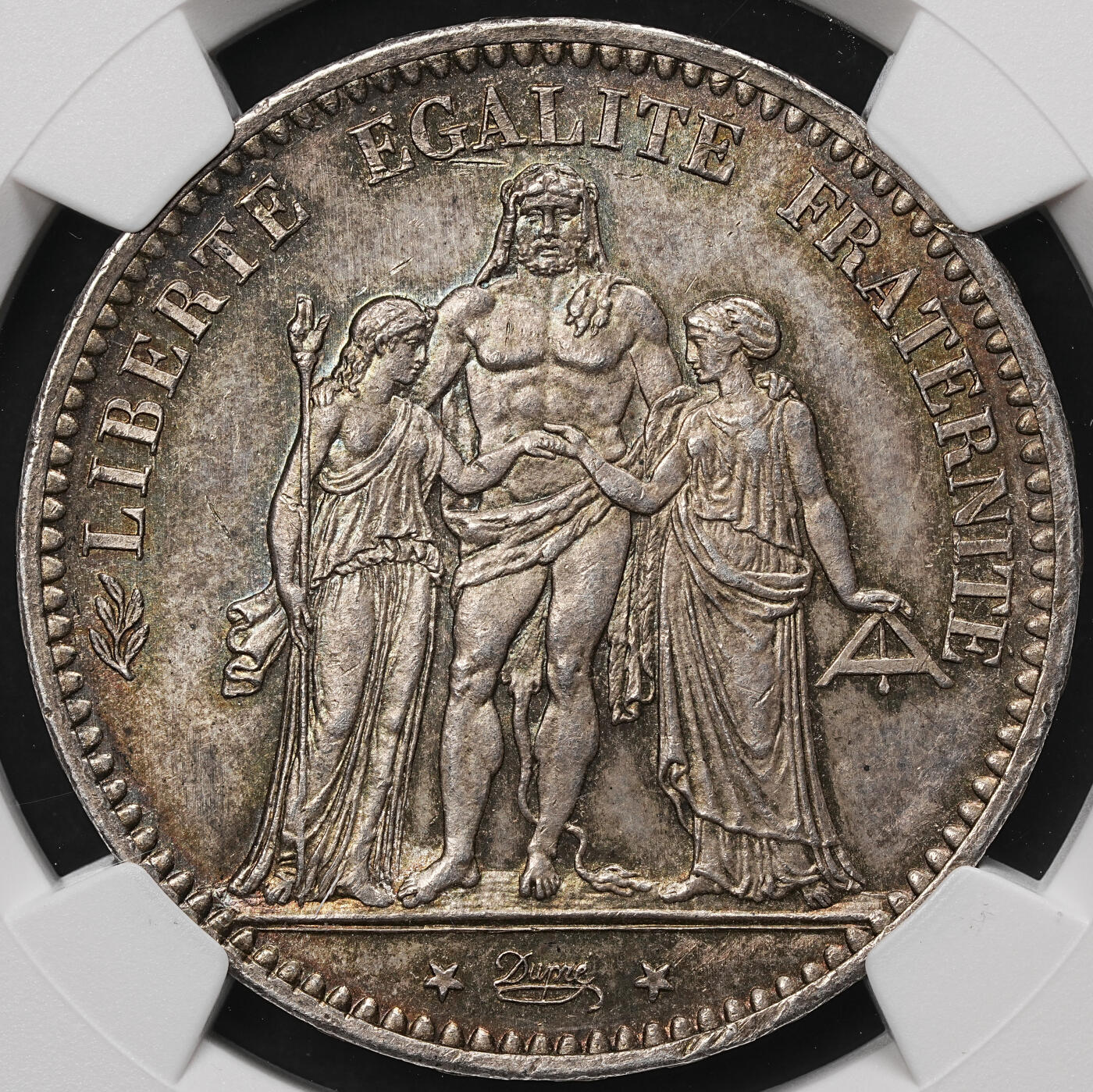 修遠堂世界钱币第106期，请看参拍说明 NGC MS62 1874年法国大力神5法郎大银币，A厂铭，五彩