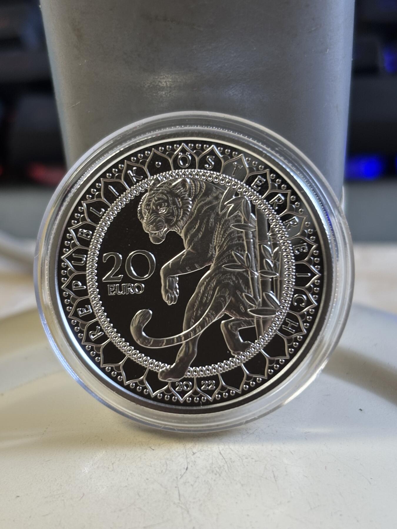 第193期拍卖 奥地利2022年世界之眼3亚洲之虎镶嵌精制纪念银币，925银