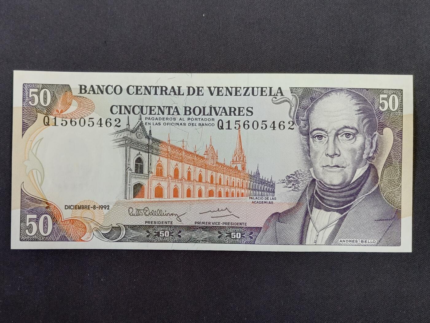 【游宝拍卖】丙午马年第8期 委内瑞拉-50玻利瓦尔【1992年 近新AU 黄斑】