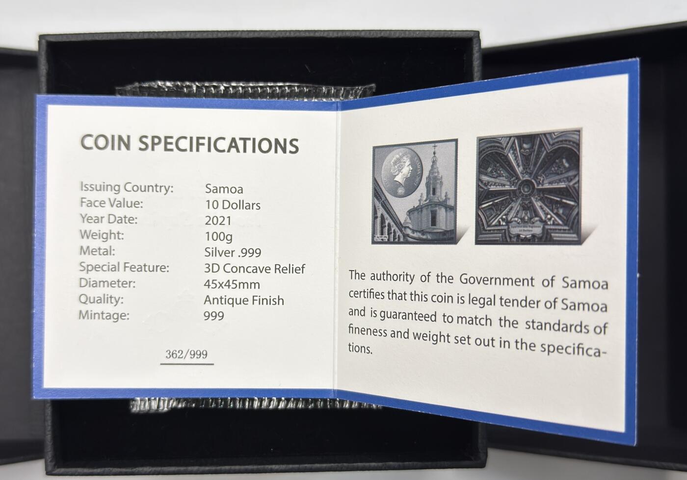 S&S Numismatic世界钱币-拍卖 第121期  萨摩亚2021年 睿智圣伊夫教堂（意大利）10元3D阴雕仿古方形银币 100克999银  发行量：999枚 盒证齐全