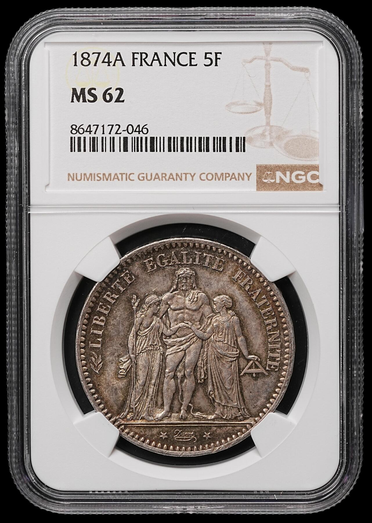 修遠堂世界钱币第106期，请看参拍说明 NGC MS62 1874年法国大力神5法郎大银币，A厂铭，五彩