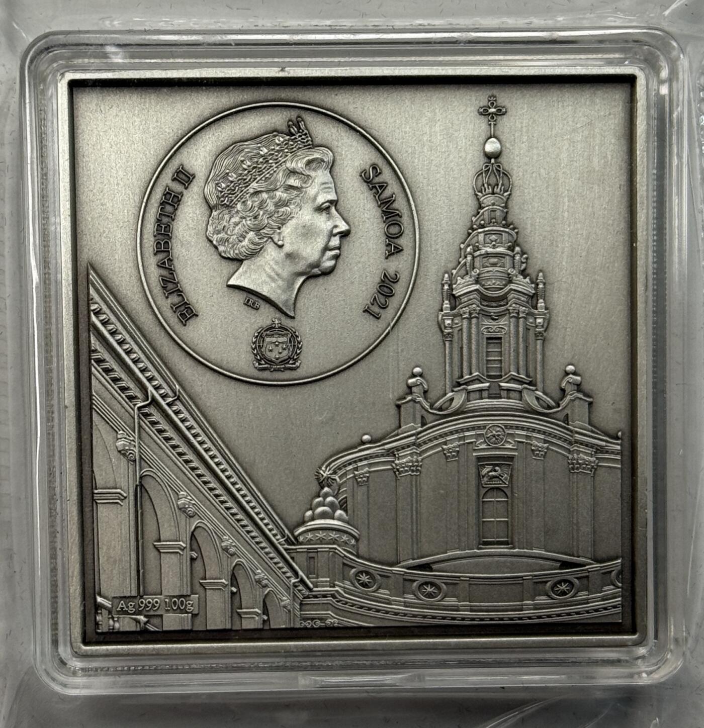 S&S Numismatic世界钱币-拍卖 第121期  萨摩亚2021年 睿智圣伊夫教堂（意大利）10元3D阴雕仿古方形银币 100克999银  发行量：999枚 盒证齐全