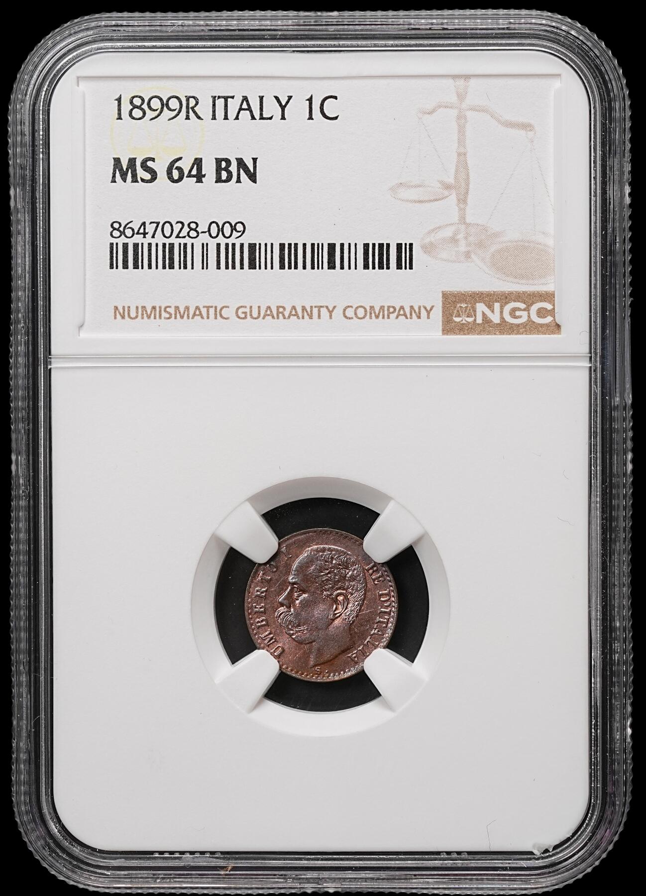 修遠堂世界钱币第106期，请看参拍说明 NGC MS64BN 1899年意大利1分铜币