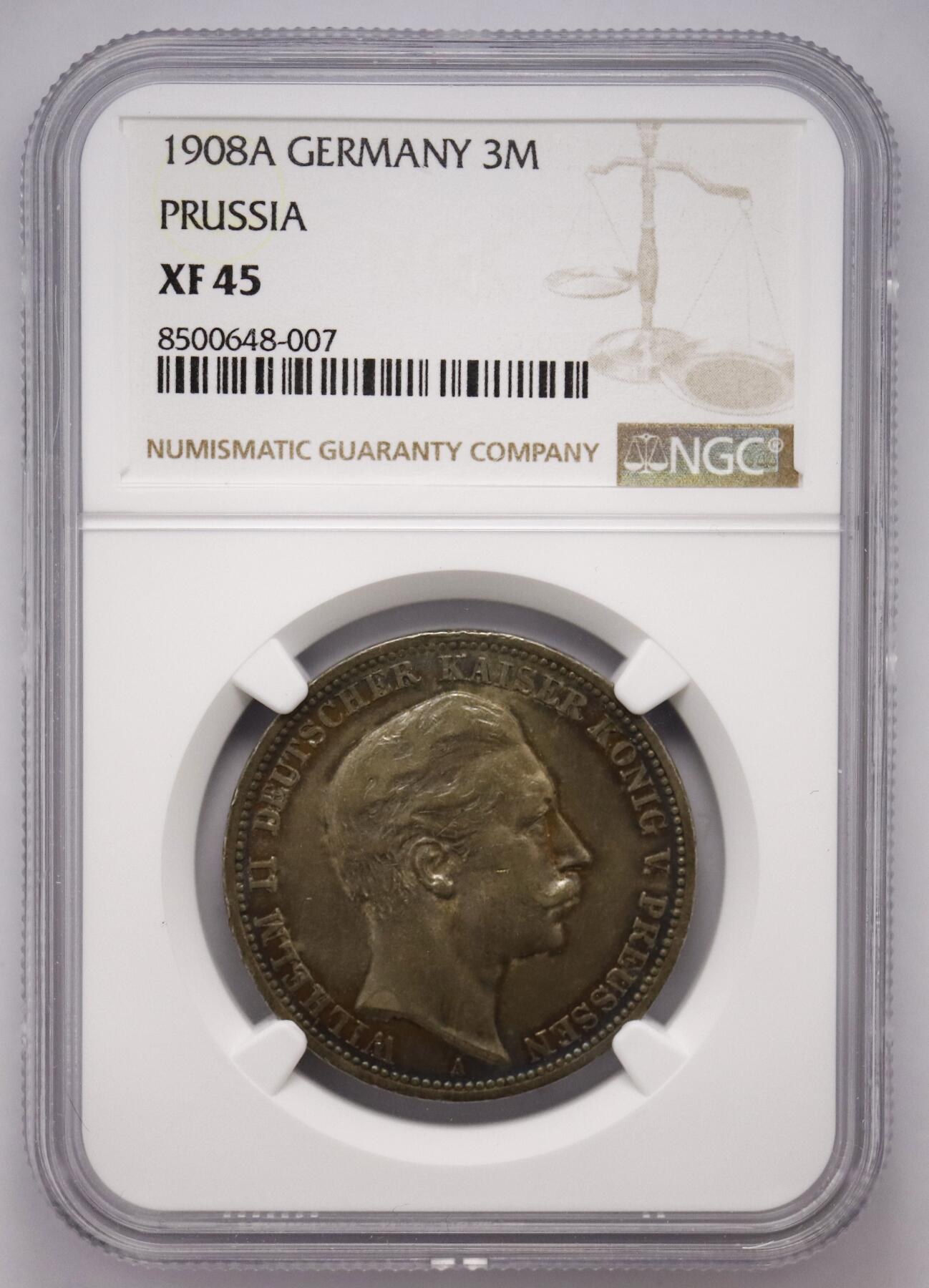 观钱近现代机制币拍卖No.003  普鲁士 1908 年威廉二世 3 马克银币 NGC XF45