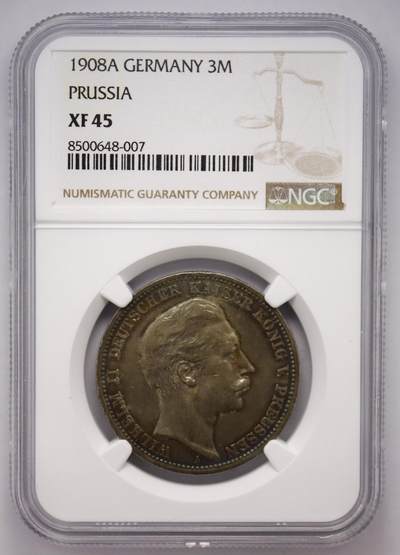 观钱近现代机制币拍卖No.003  普鲁士 1908 年威廉二世 3 马克银币 NGC XF45