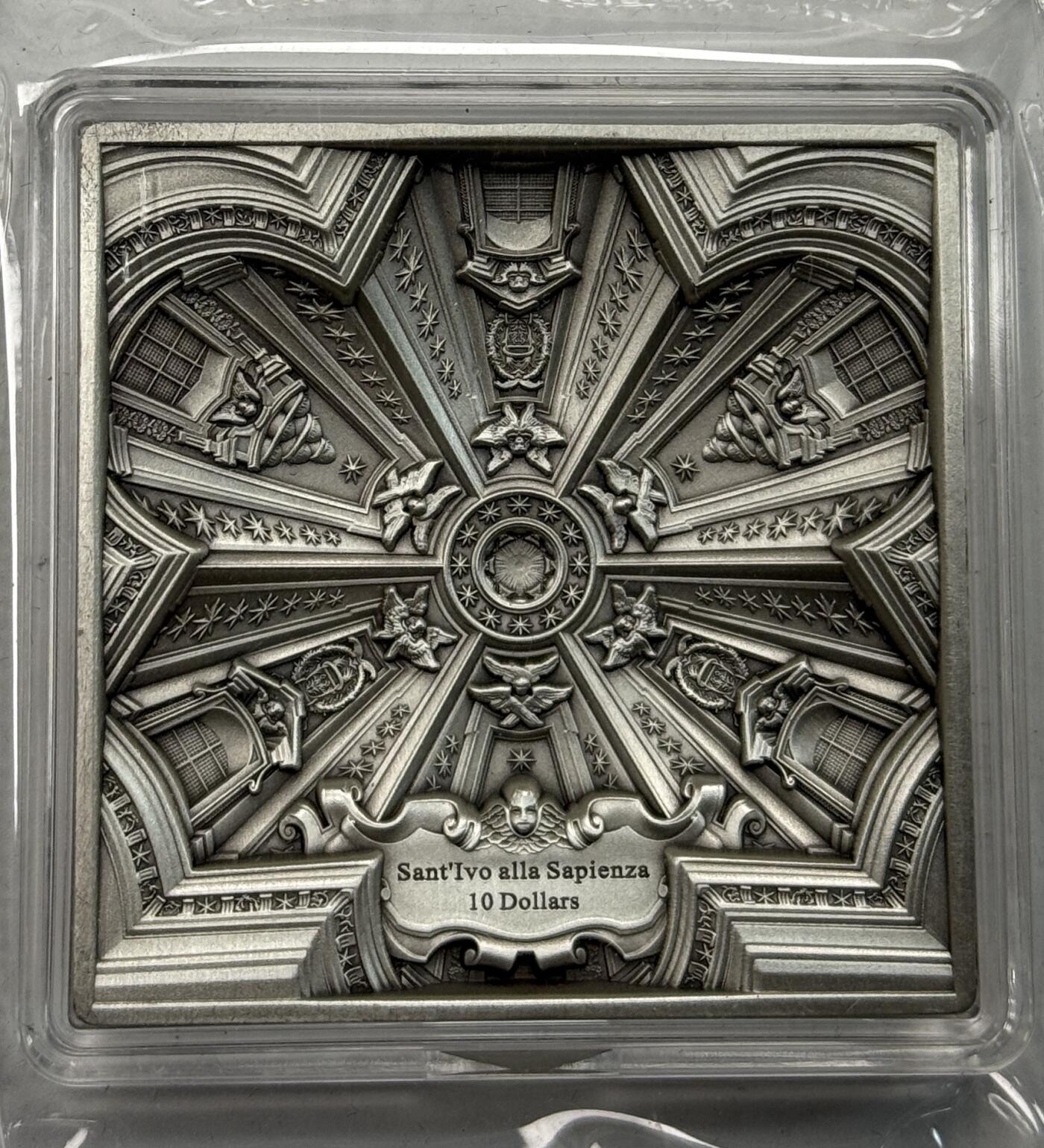 S&S Numismatic世界钱币-拍卖 第121期  萨摩亚2021年 睿智圣伊夫教堂（意大利）10元3D阴雕仿古方形银币 100克999银  发行量：999枚 盒证齐全
