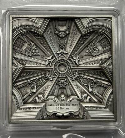 S&S Numismatic世界钱币-拍卖 第121期  - 萨摩亚2021年 睿智圣伊夫教堂（意大利）10元3D阴雕仿古方形银币 100克999银  发行量：999枚 盒证齐全