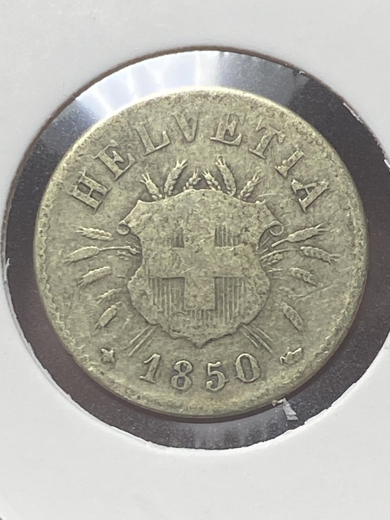 2026年第三十四场(总第二百零三场）外国精品纸夹币场(免佣金) 瑞士🇨🇭1850年5拉彭银币(第一版，首发年，BB标斯特拉斯堡造，Billon银合金)