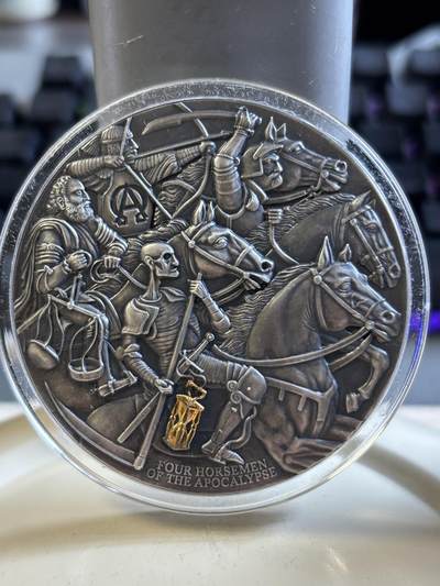 第192期拍卖 - 喀麦隆2019年启示录系列1天启四骑士仿古3盎司银币，999银，发行500枚