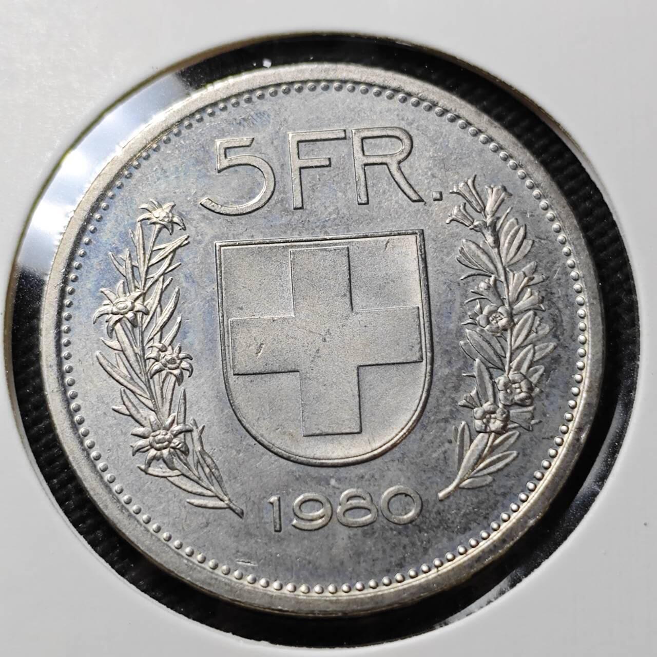 KK钱币收藏小铺   第403期 2月预留时间 周末发货  1980瑞士5法郎