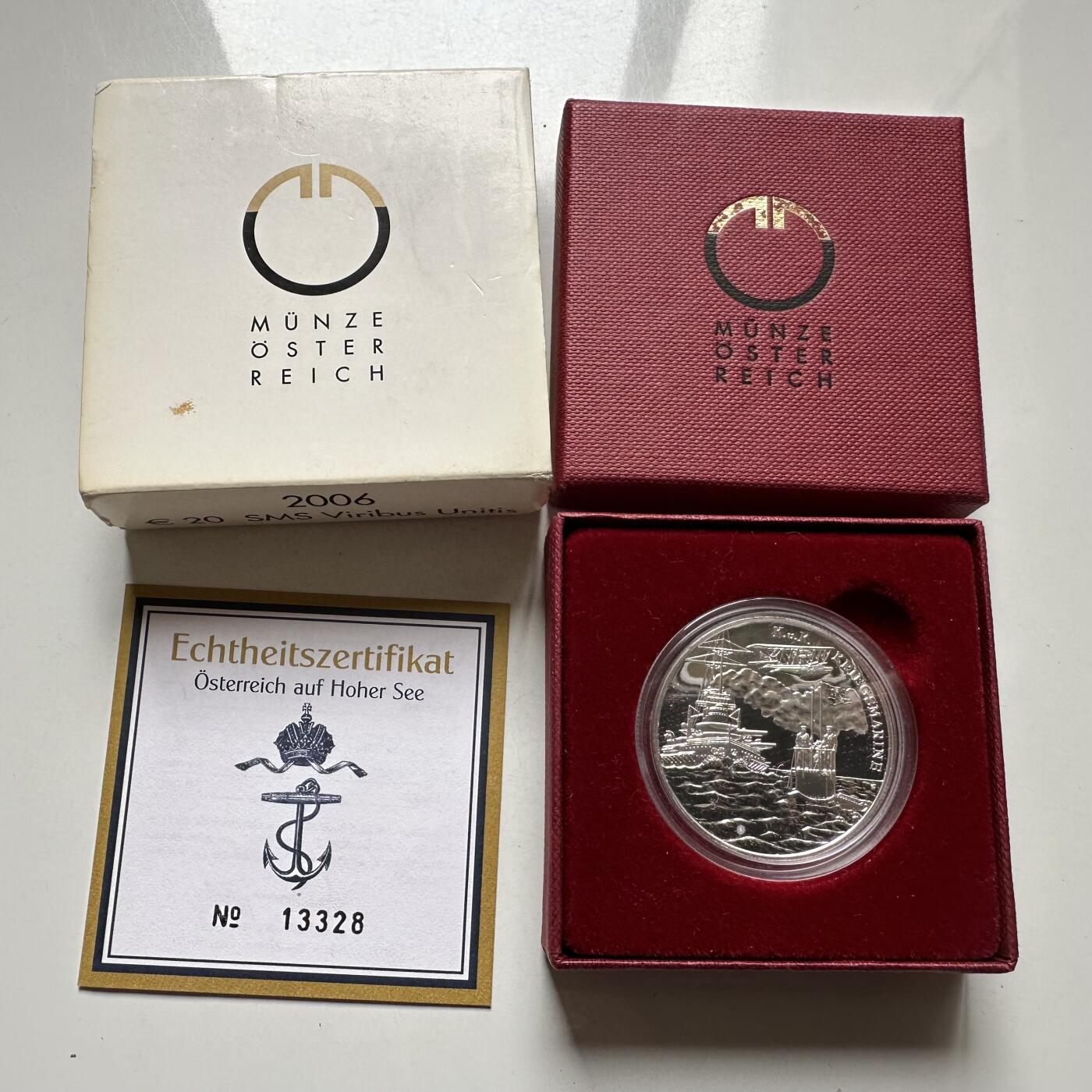 🌹外币初藏🌹🐯2026年第26场  各国纪念币专场 每周二四六晚8️⃣点 接代拍 奥地利2006年海上奥地利SMS维里布斯乌尼蒂斯20欧元银币，90%银34mm，18g，精制币