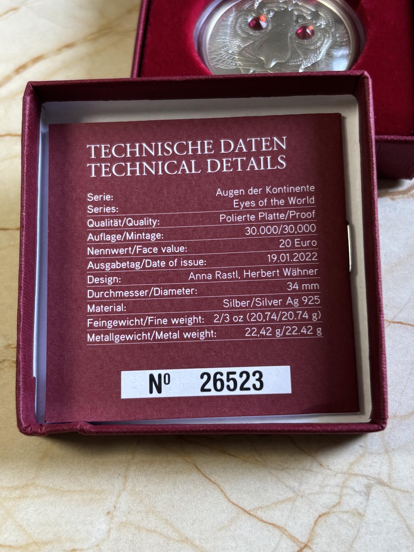 第193期拍卖 奥地利2022年世界之眼3亚洲之虎镶嵌精制纪念银币，925银
