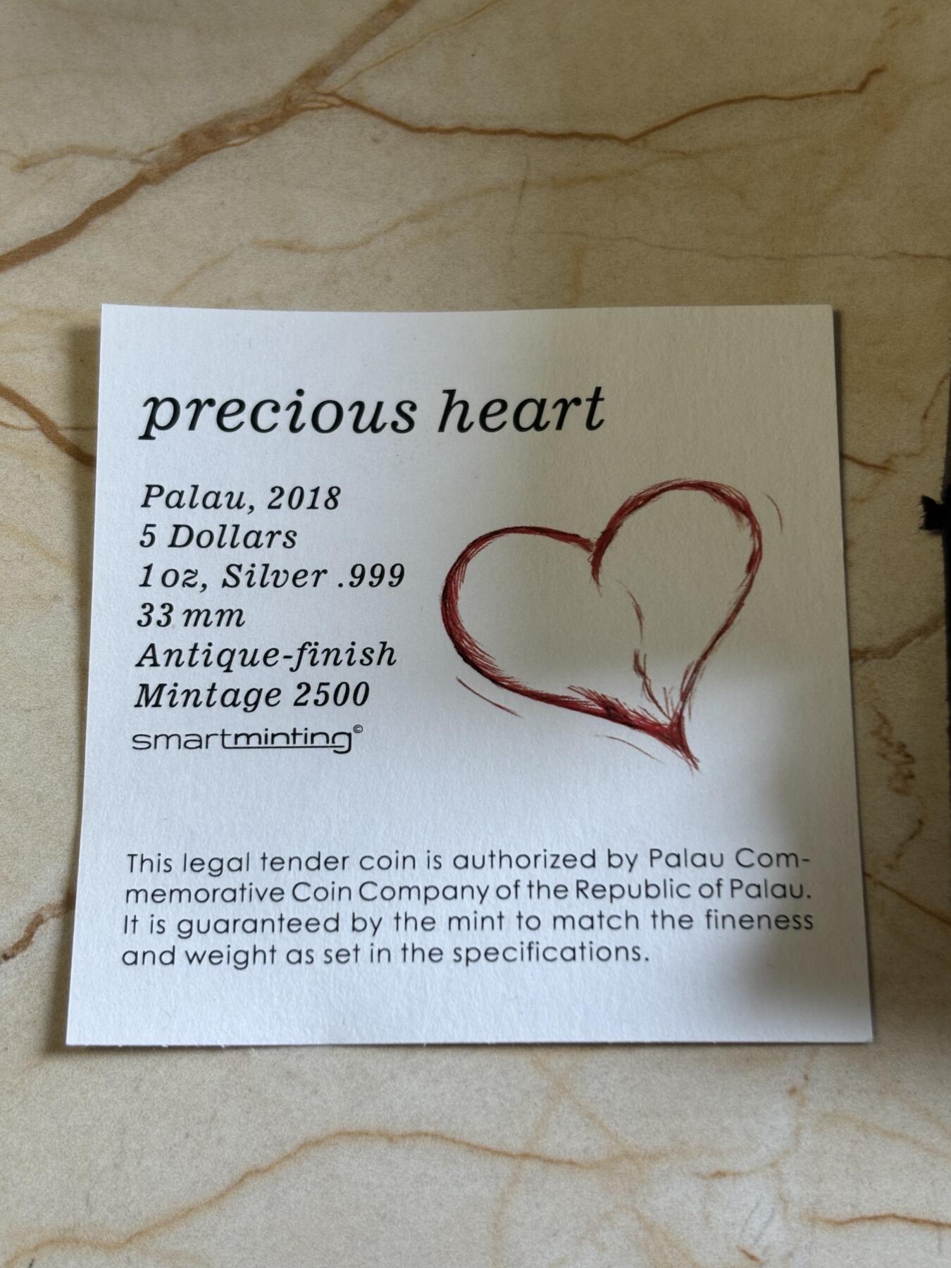 第193期拍卖 帕劳2018年仿古1盎司爱心纪念银币，999银，发行2500枚