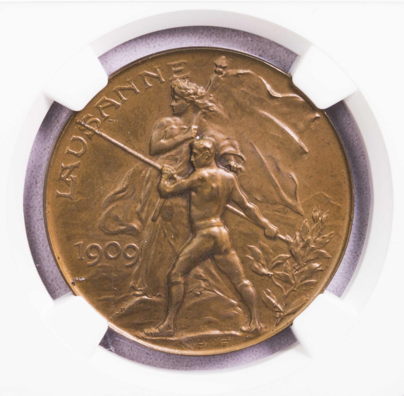 NGC-MS62/MS65BN 1909瑞士洛桑拿旗银章铜章一对