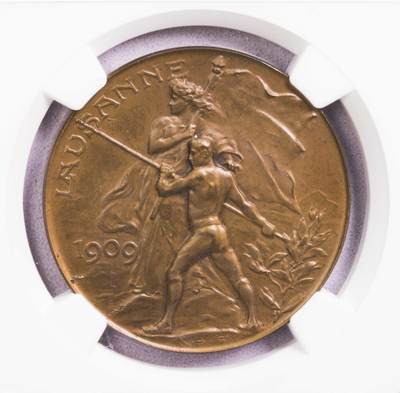 NGC-MS62/MS65BN 1909瑞士洛桑拿旗银章铜章一对 - NGC-MS62/MS65BN 1909瑞士洛桑拿旗银章铜章一对