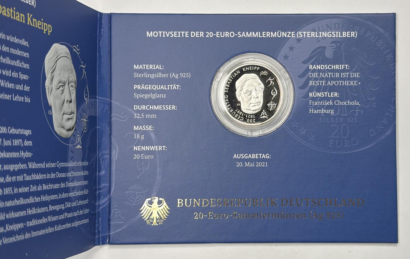 S&S Numismatic世界钱币-拍卖 第121期  德国2021年 塞巴斯蒂安·克奈普诞辰200周年 20欧元精制纪念银币 官方卡币 18克925银