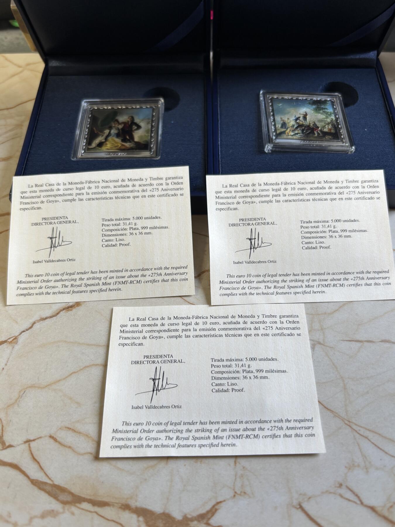 第193期拍卖 西班牙2021年画家戈雅名画系列2组方形彩银币3枚套，925银，1盎司*3，发行5000枚