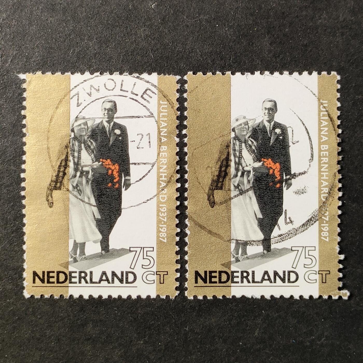 ↓君缘收藏756期☞钱币邮品↓无佣金、可寄存、满30元包邮  荷兰邮票，1987年朱莉安娜女王与伯恩哈德亲王结婚50周年纪念邮票1全，随机发一枚