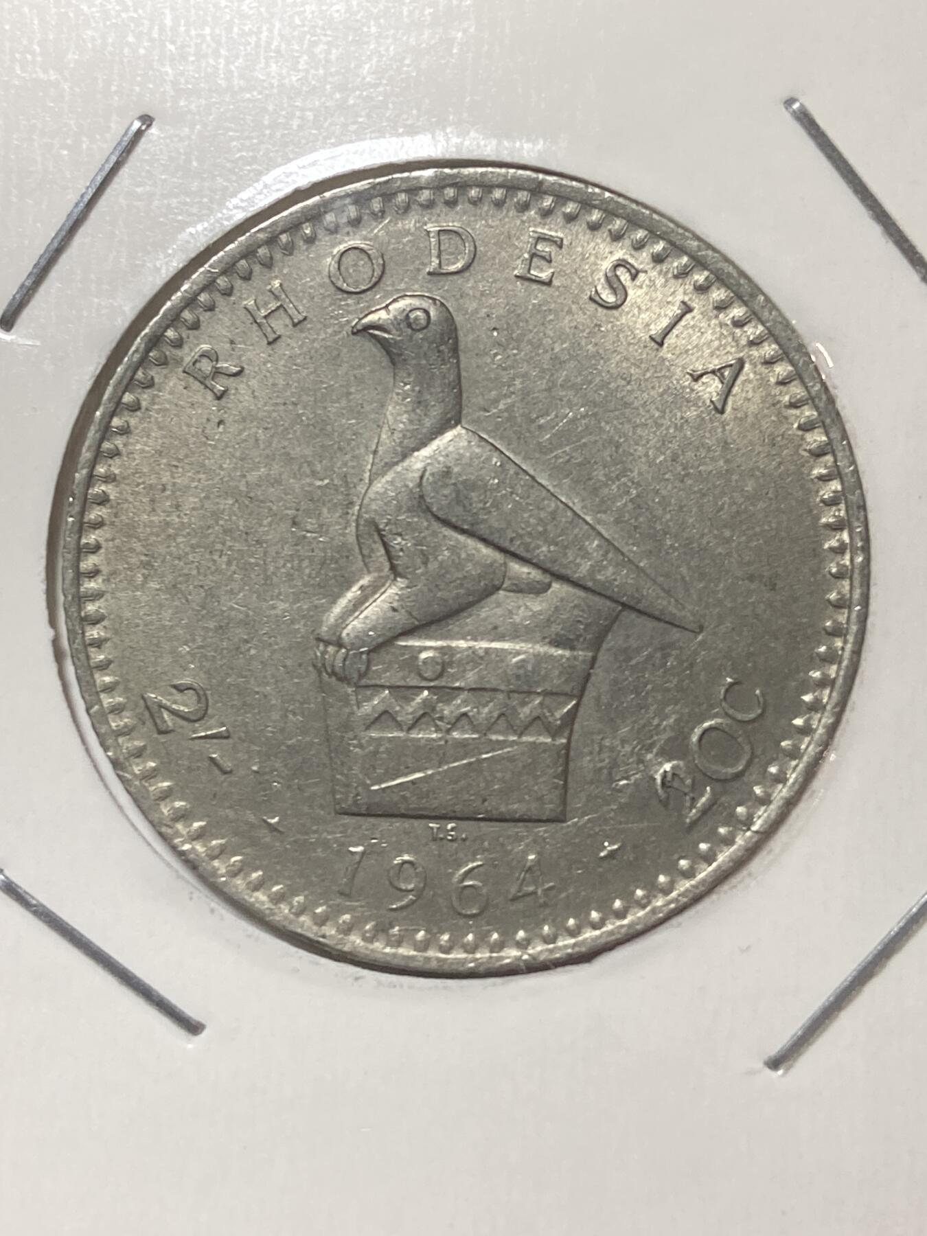 2026年第三十四场(总第二百零三场）外国精品纸夹币场(免佣金) 英属罗德西亚1964年20分(伊丽莎白二世中年花冠)