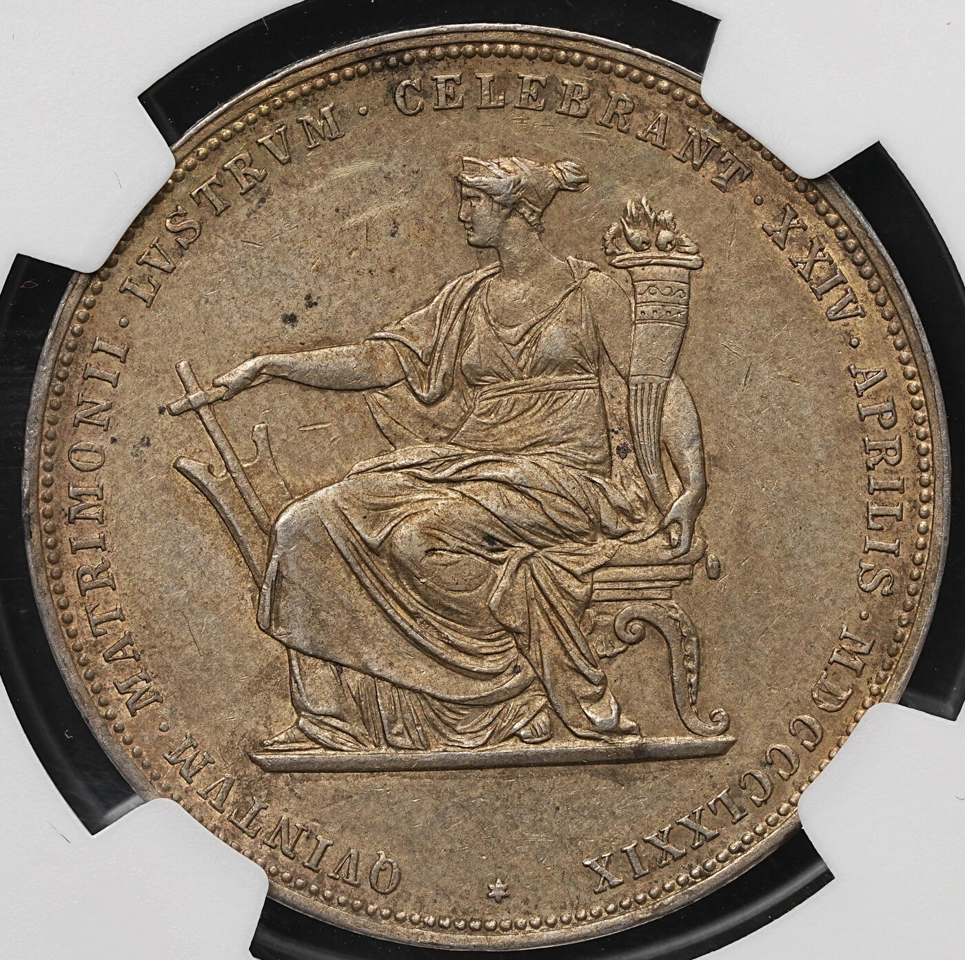 修遠堂世界钱币第106期，请看参拍说明 NGC MS62 1879年奥匈帝国皇帝弗朗茨・约瑟夫一世与皇后伊丽莎白（茜茜公主）结婚25周年2福林银币，黄油彩