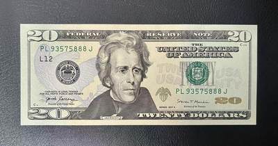 世界靓号纸钞第八十二期 - 2017年美国20美元 全程无4 豹子号888 品相如图 居中不错