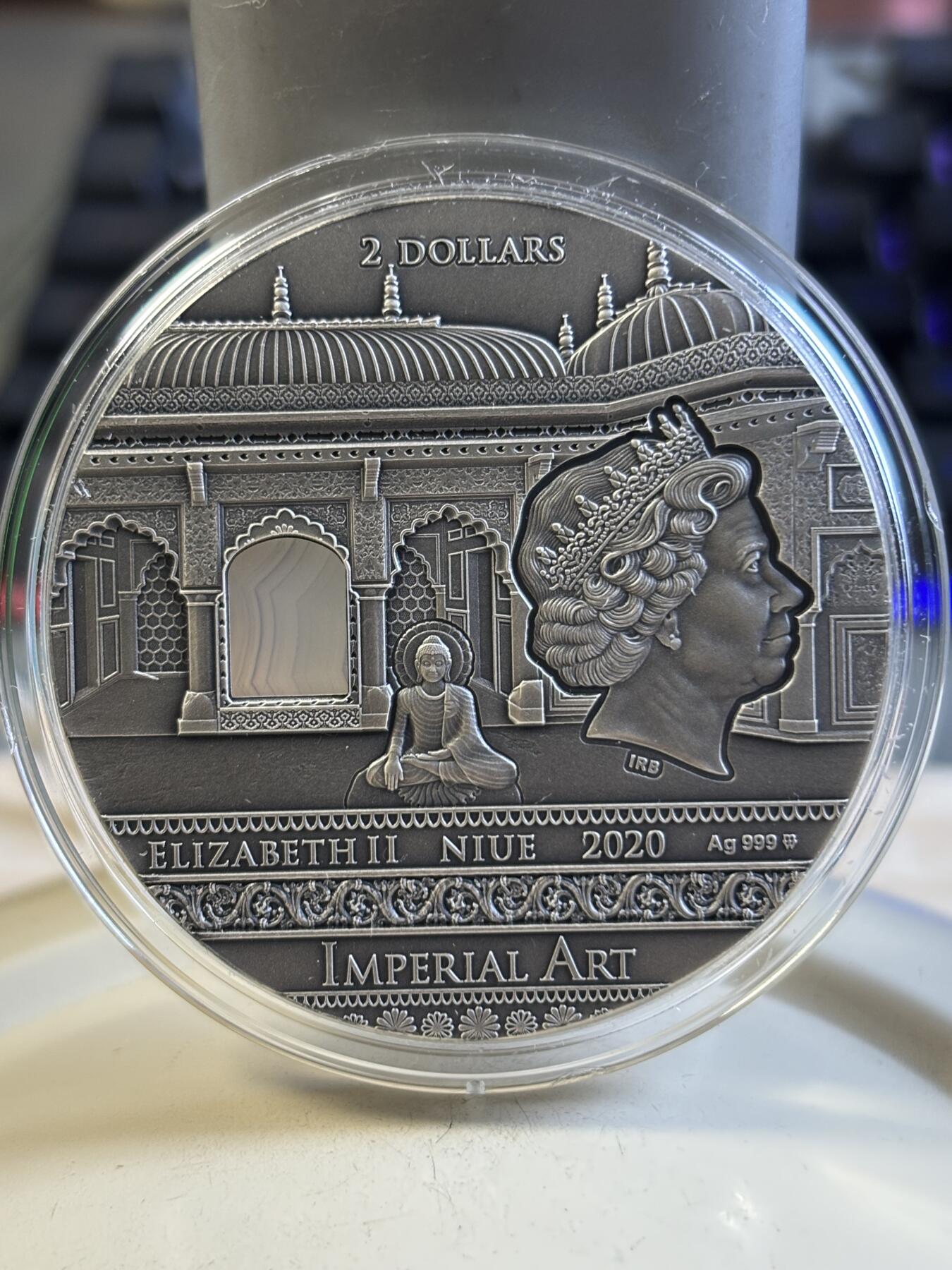 第193期拍卖 纽埃2020年古文明系列5印度文明镶玛瑙纪念银币，999银，发行500枚