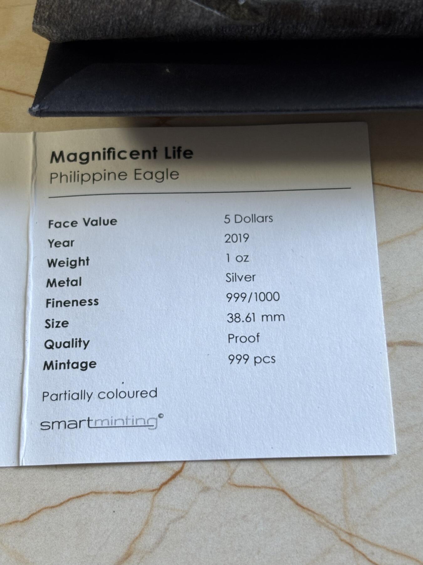 第193期拍卖 库克2019年壮丽生命曲系列5菲律宾鹰高浮雕彩色纪念银币，1盎司，发行999枚，999银