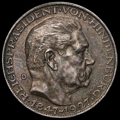修遠堂世界钱币第106期，请看参拍说明 - 1927年德国-兴登堡80大寿纪念银币章 五马克型，24.92g，含银90%,通体黑五彩