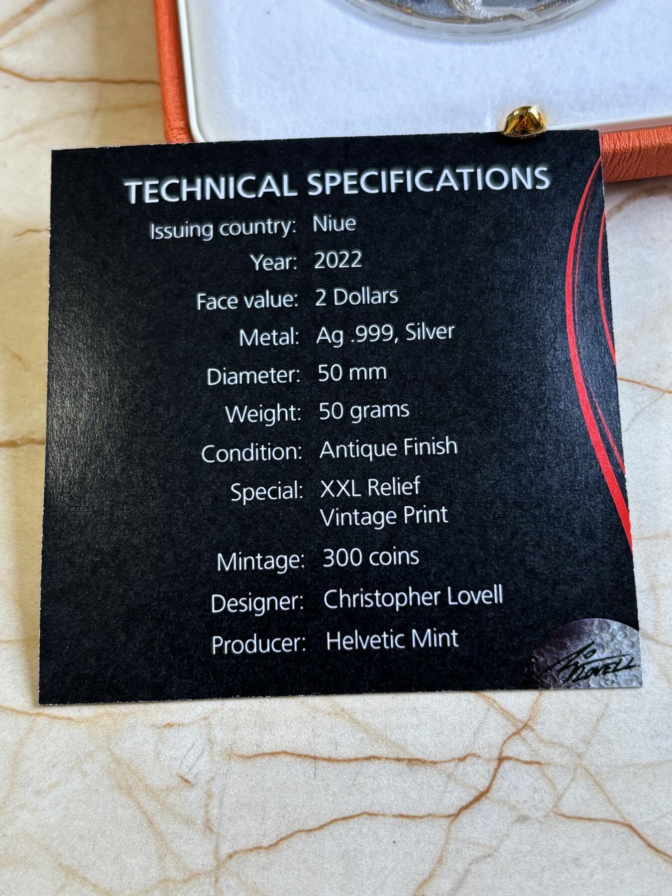 第193期拍卖 纽埃2022年黑暗女神系列5solstice彩色仿古银币，999银，50克，发行250枚