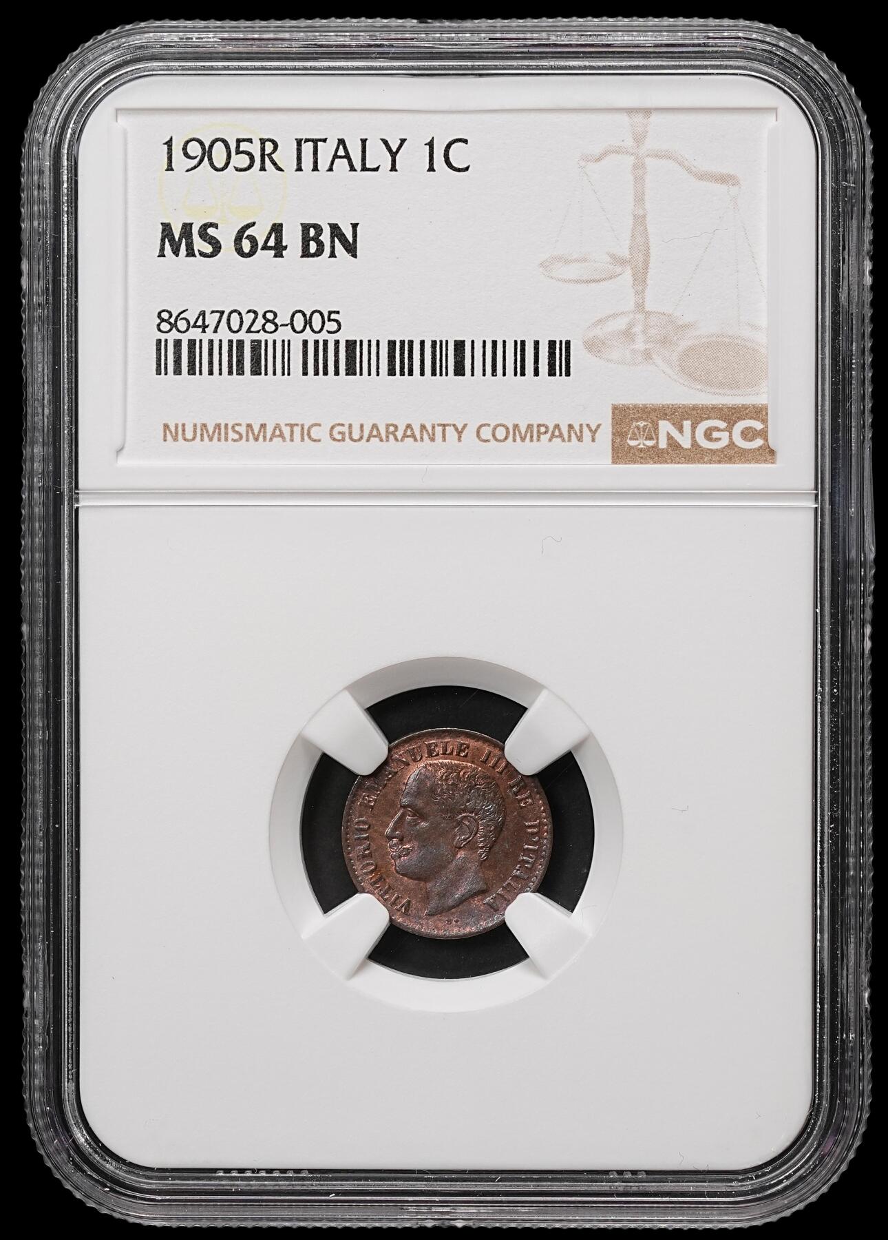 修遠堂世界钱币第106期，请看参拍说明 NGC MS64BN 1905年意大利1分铜币