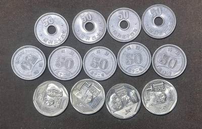北京马甸外国币专卖第148期，非贵金属外国流通币，纪念币币，中国早期纪念币专场，陆续上拍，欢迎关注 - 日本50元9枚，秘鲁纪念币4枚