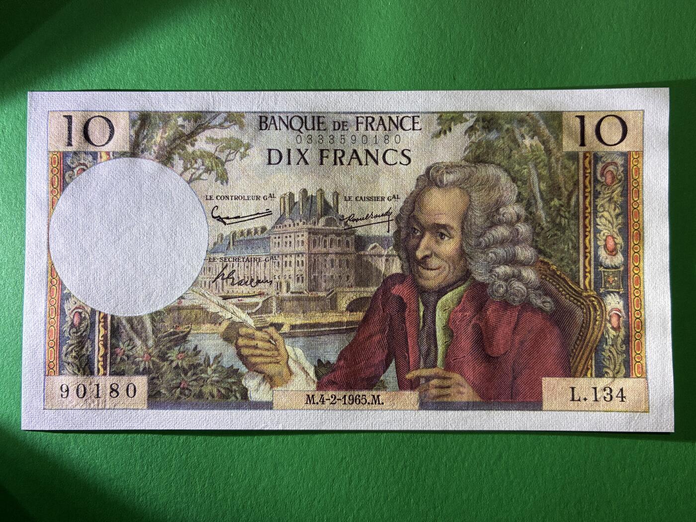 咖啡豆•收藏 2026年Mar_13th世界各国纸币拍卖 法国 1965年 10法郎 美品AU 外国纸币 横向有折