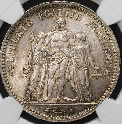 修遠堂世界钱币第106期，请看参拍说明 - NGC MS64 1873年法国大力神5法郎大银币，A厂铭，纸袋五彩