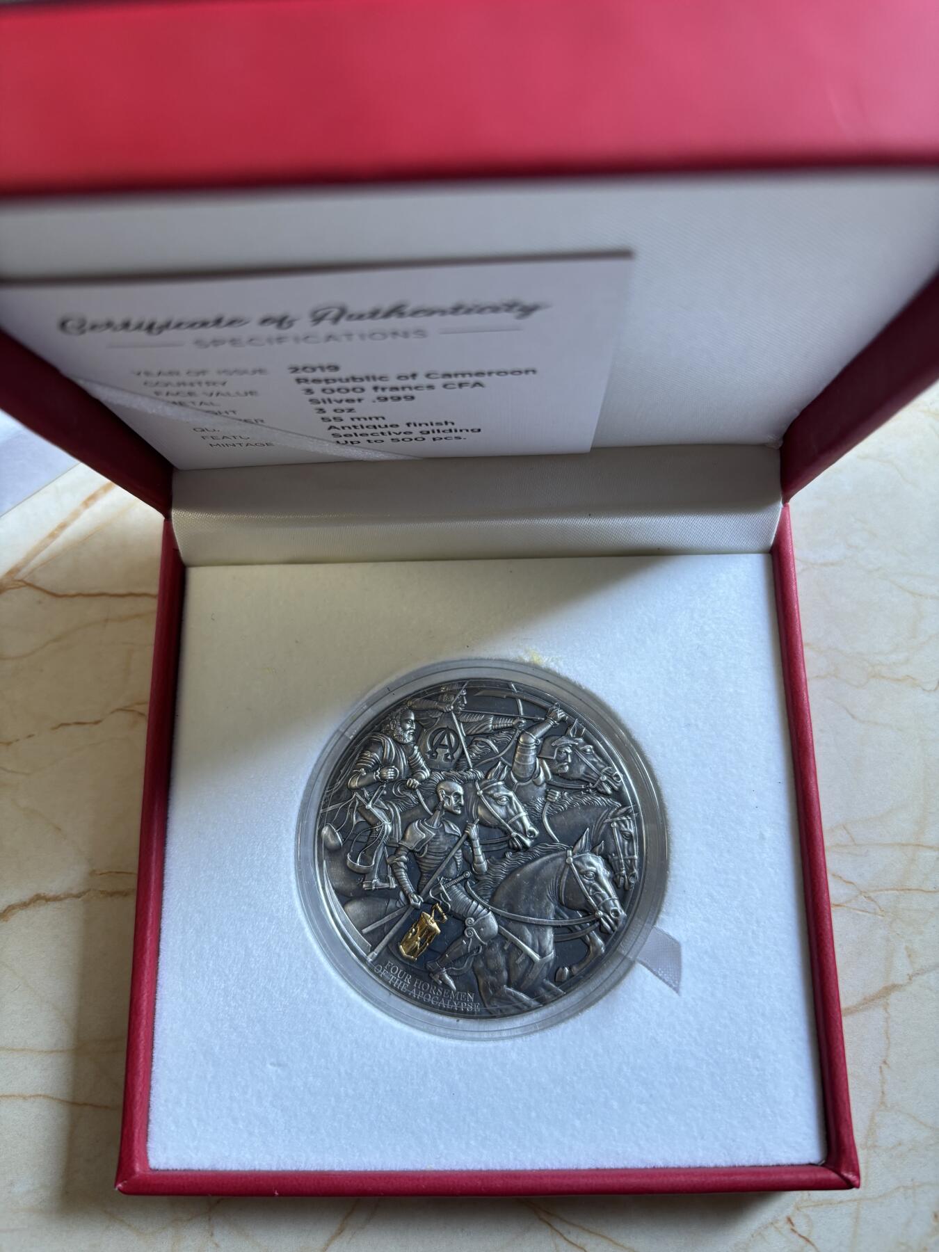 第192期拍卖 喀麦隆2019年启示录系列1天启四骑士仿古3盎司银币，999银，发行500枚