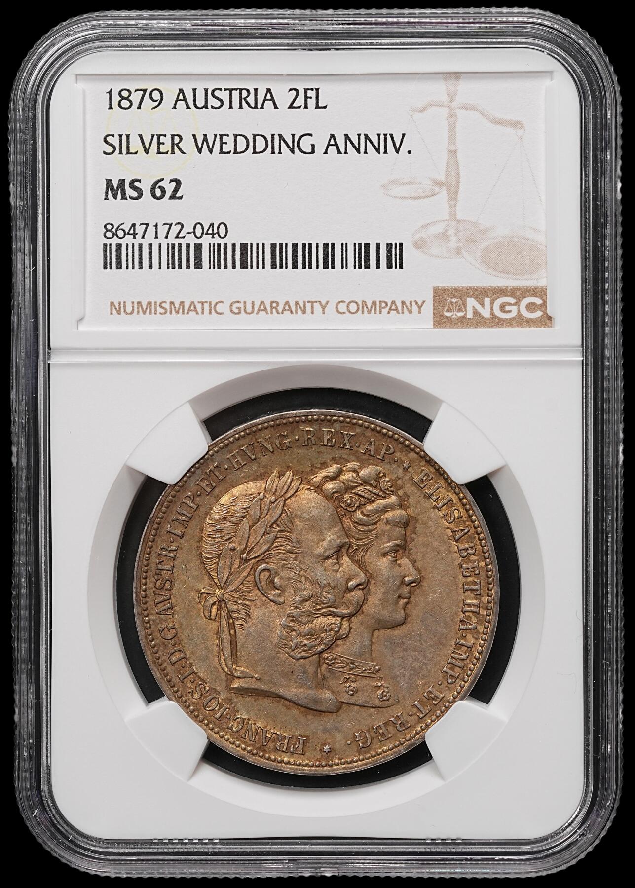 修遠堂世界钱币第106期，请看参拍说明 NGC MS62 1879年奥匈帝国皇帝弗朗茨・约瑟夫一世与皇后伊丽莎白（茜茜公主）结婚25周年2福林银币，黄油彩