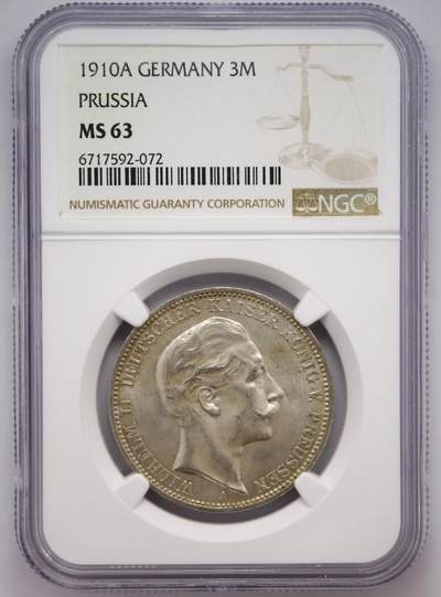 观钱近现代机制币拍卖No.003  - 普鲁士 1910 年 威廉二世3 马克银币 NGC MS63