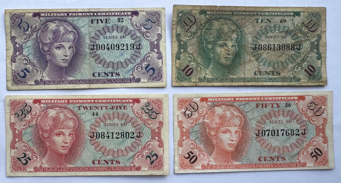 2026第4场（总第231期）：精品测试钞、外钞综合场  美国1965年越战时期5、10、25、50美分军票一套4枚（旧品如图）