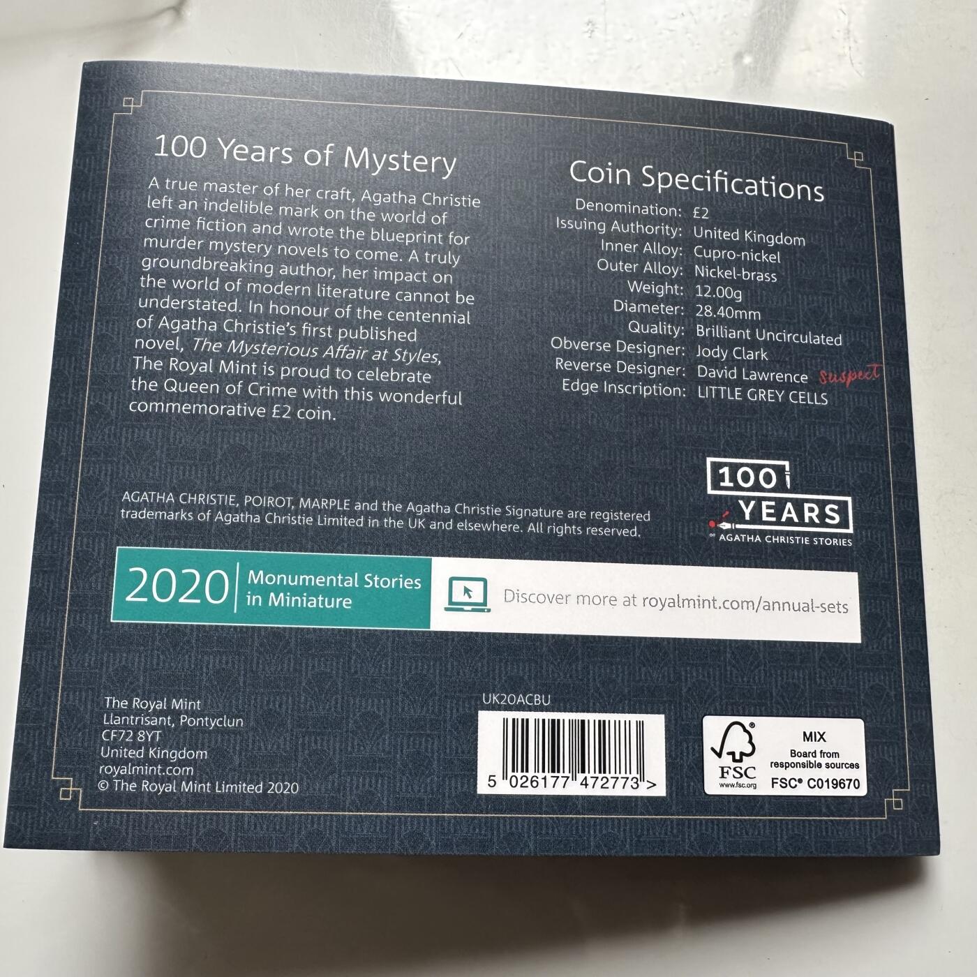 🌹外币初藏🌹🐯2026年第26场  各国纪念币专场 每周二四六晚8️⃣点 接代拍 英国2020年阿加莎·克里斯蒂百年2英镑双色纪念币 原装卡