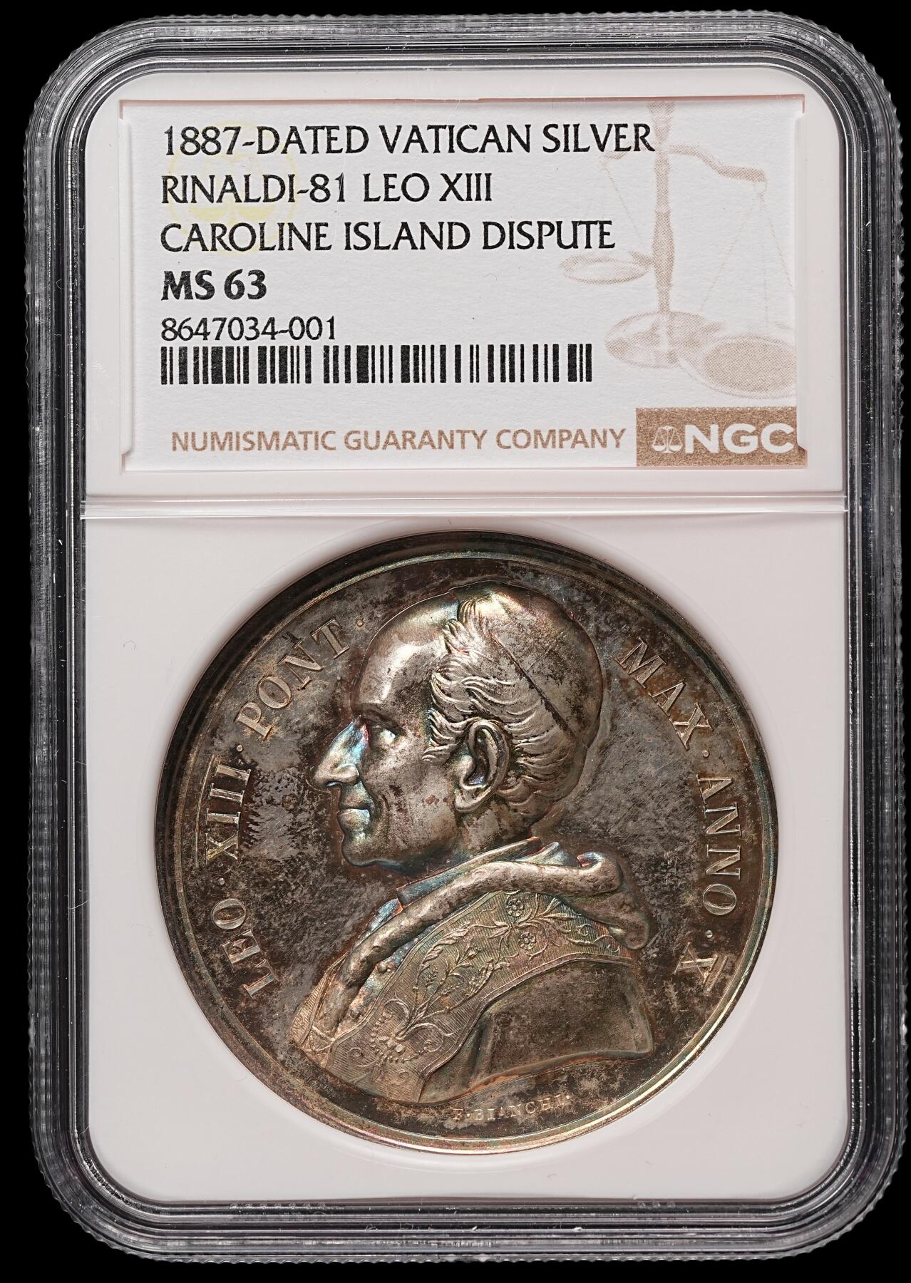 修遠堂世界钱币第106期，请看参拍说明 NGC MS63  1885年教宗利奥十三世成功调解西班牙与德国加罗林群岛争端纪念高浮雕大银章