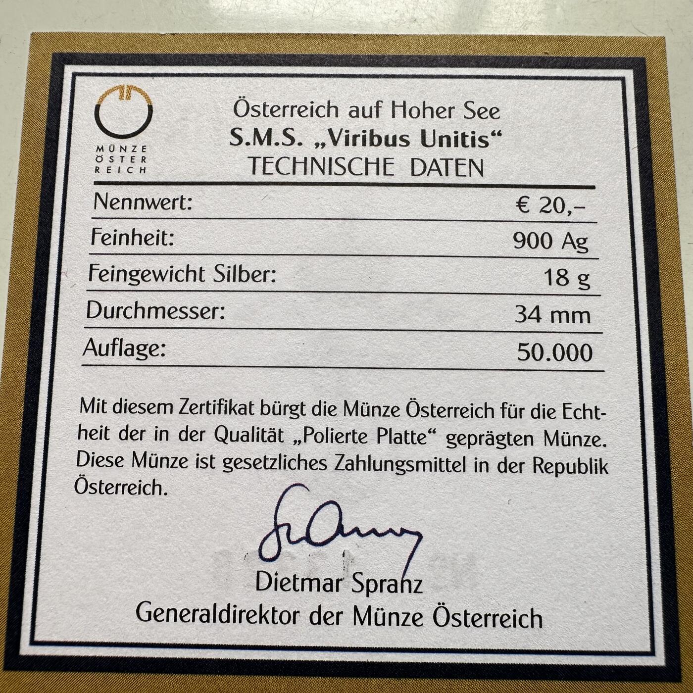 🌹外币初藏🌹🐯2026年第26场  各国纪念币专场 每周二四六晚8️⃣点 接代拍 奥地利2006年海上奥地利SMS维里布斯乌尼蒂斯20欧元银币，90%银34mm，18g，精制币