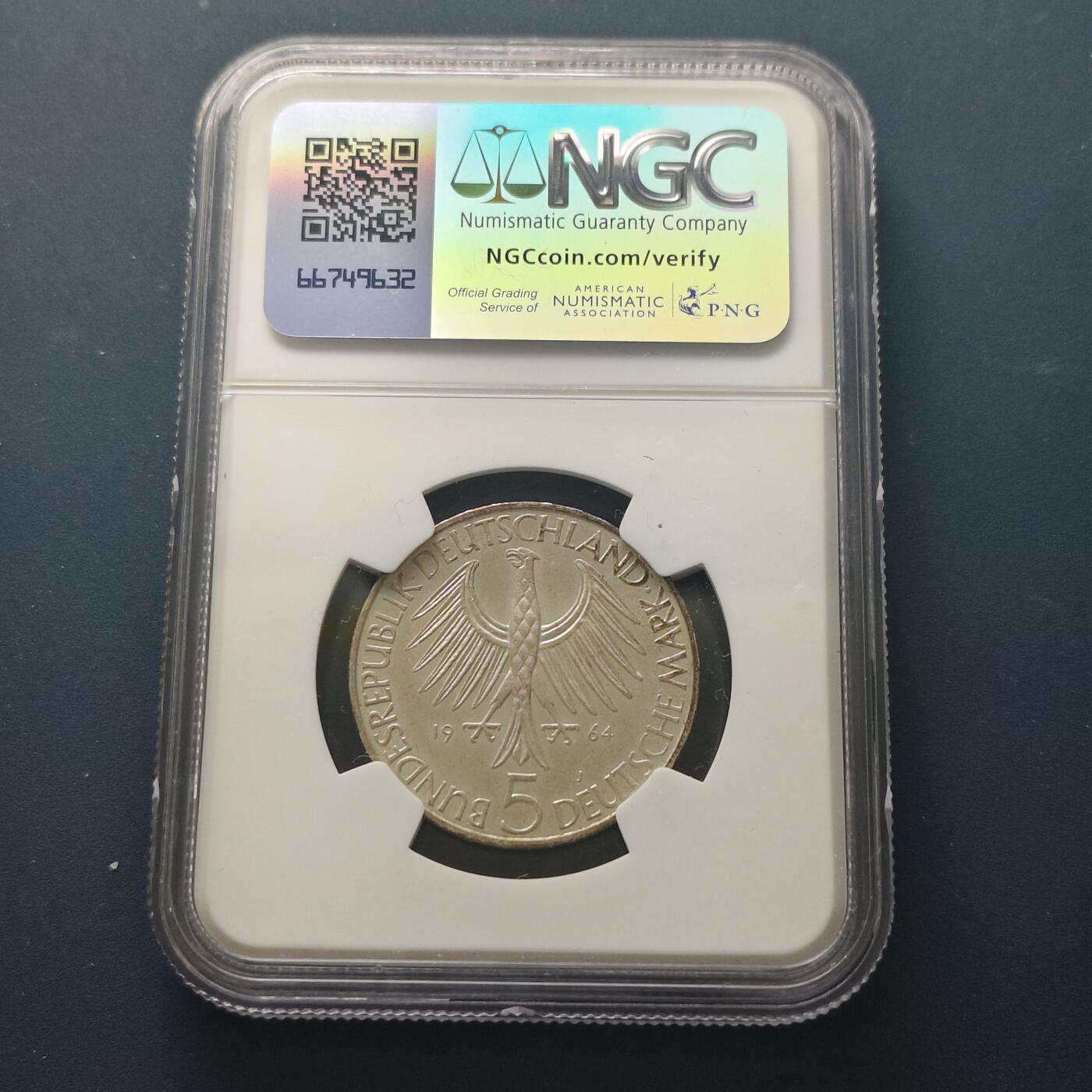 【全场包邮】纯粹捡漏拍511场 德国联邦德国1964年5马克哲学家戈特利布·费希特逝世150周年纪念银币【29毫米11.2克62.5%】-NGC MS63