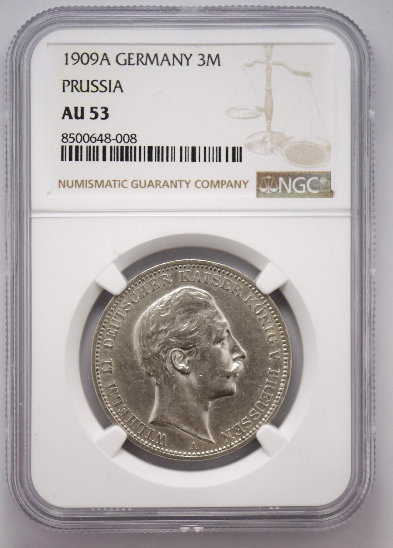 观钱近现代机制币拍卖No.003  普鲁士 1903年威廉二世 3 马克银币 NGC AU55