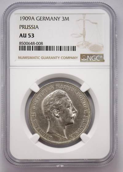 观钱近现代机制币拍卖No.003  - 普鲁士 1903年威廉二世 3 马克银币 NGC AU55