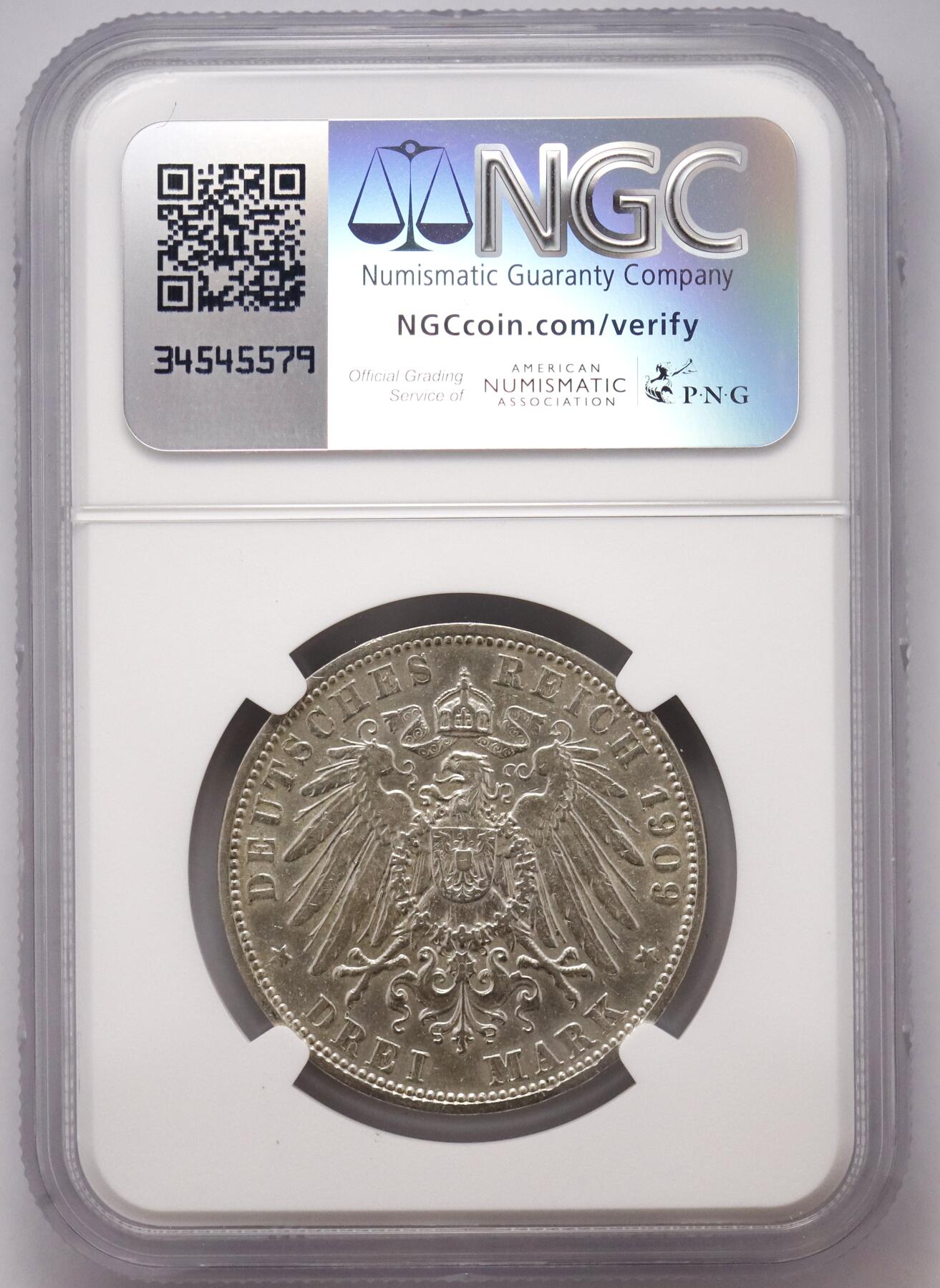 观钱近现代机制币拍卖No.003  普鲁士 1903年威廉二世 3 马克银币 NGC AU55