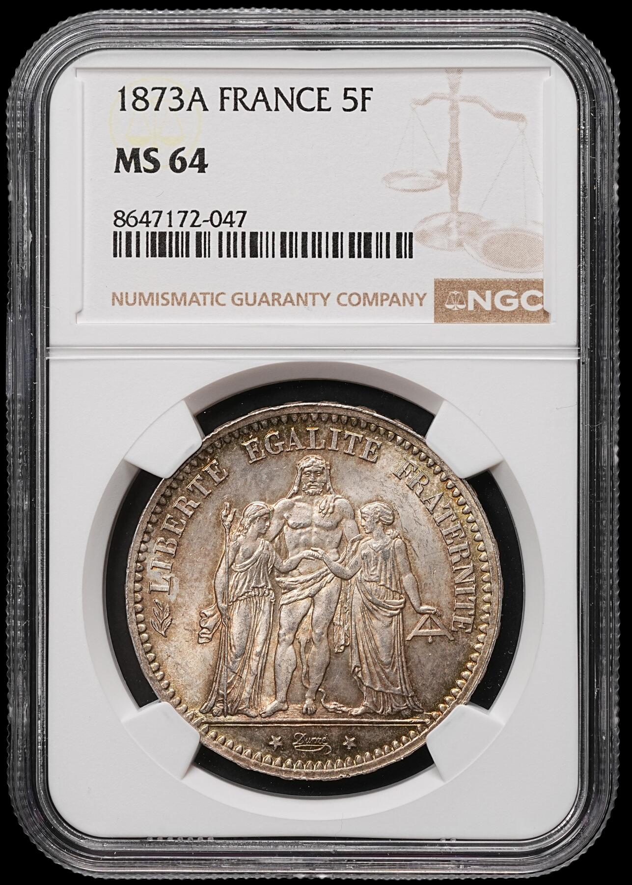 修遠堂世界钱币第106期，请看参拍说明 NGC MS64 1873年法国大力神5法郎大银币，A厂铭，纸袋五彩