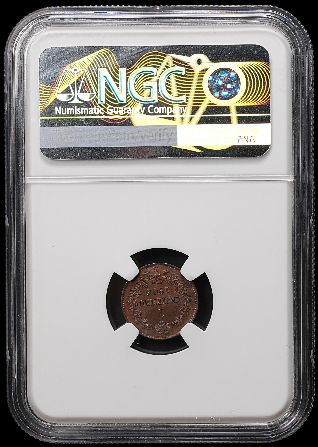 修遠堂世界钱币第106期，请看参拍说明 NGC MS64BN 1905年意大利1分铜币